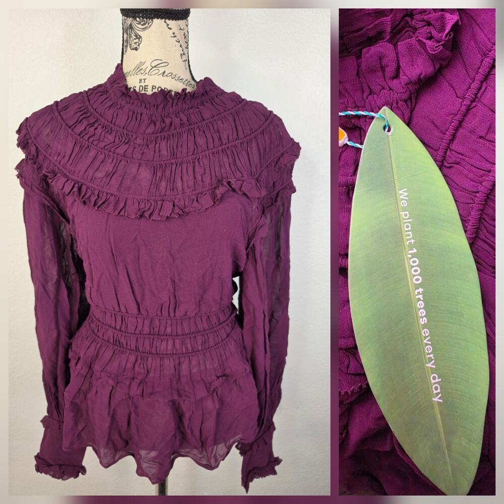 FARM Rio Babydoll Blouse XS Burgundy Ruffled Mock Neck Regencycore Office Siren